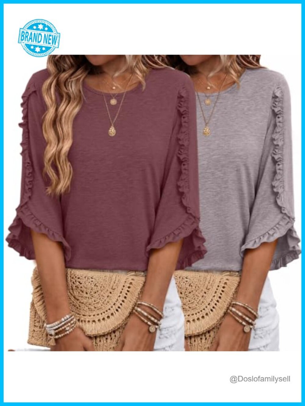 Ruffle 3/4 Sleeve Crewneck Tunic Blouse